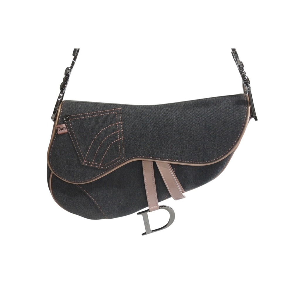 Dior Hobo Saddle One Shoulder Pink Bag Patent Leather Denim Christian Gray